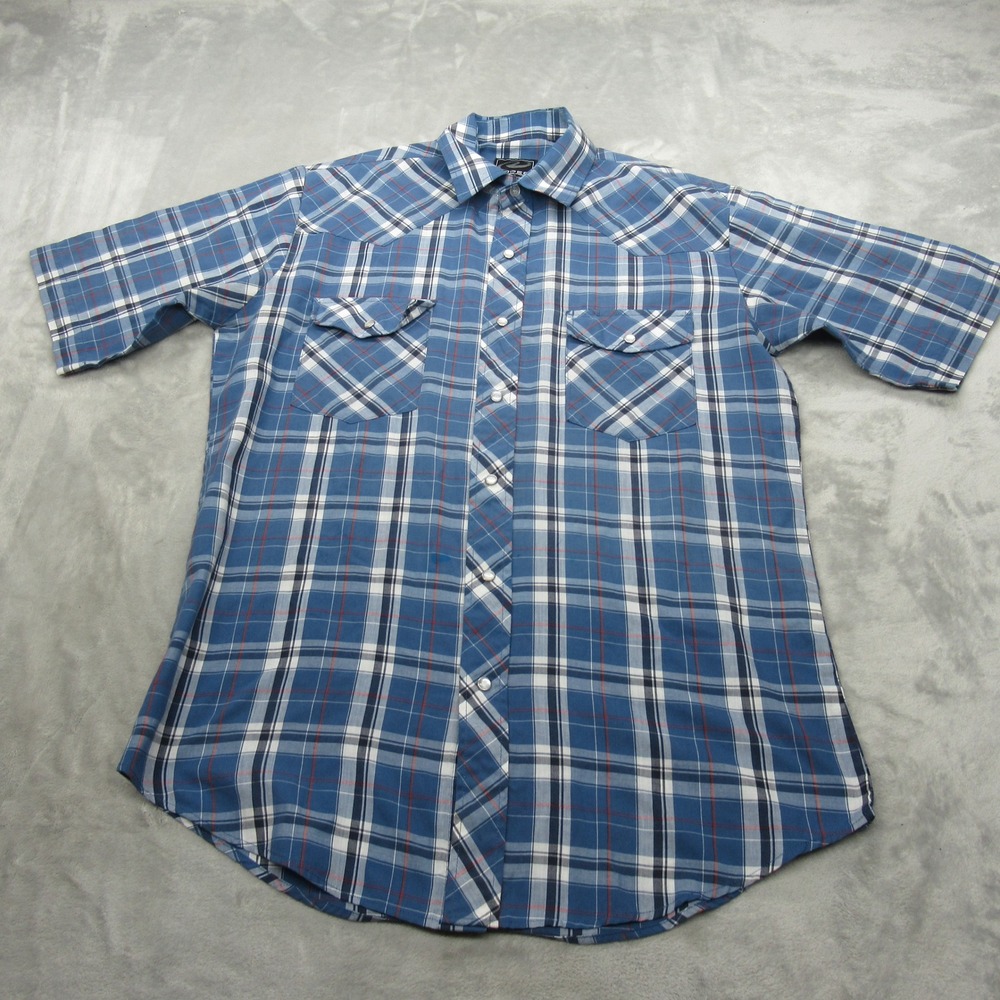 Roper Pearl Snap Shirt Mens Medium Blue Plaid Short Sleeve Cowboy Rodeo Western